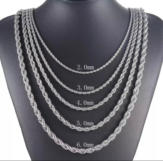 Zilveren touw ketting.(verschillende diktes)